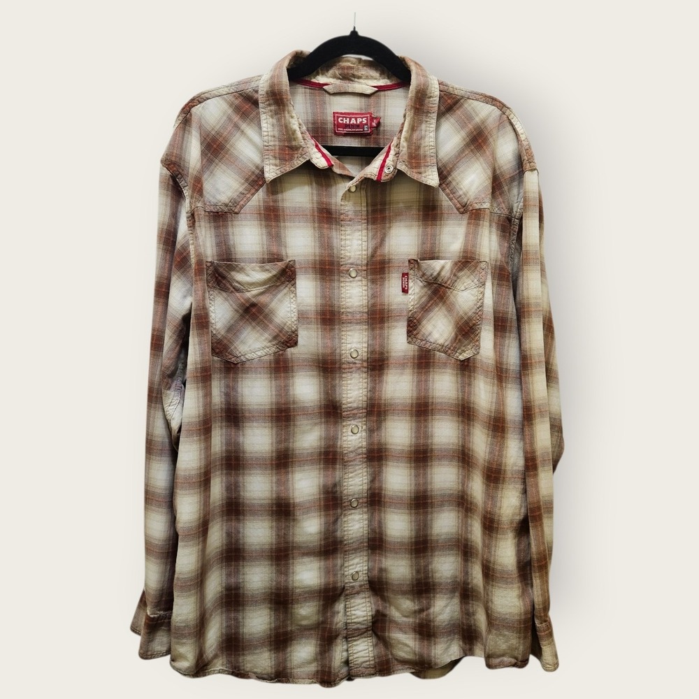 Chaps Denim Mens XL Brown Plaid‎ Western Pearl Snap Long Sleeve Shirt Yoke